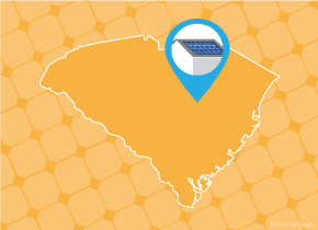 Simple map of South Carolina with a map pin showing a roof with installed solar panels